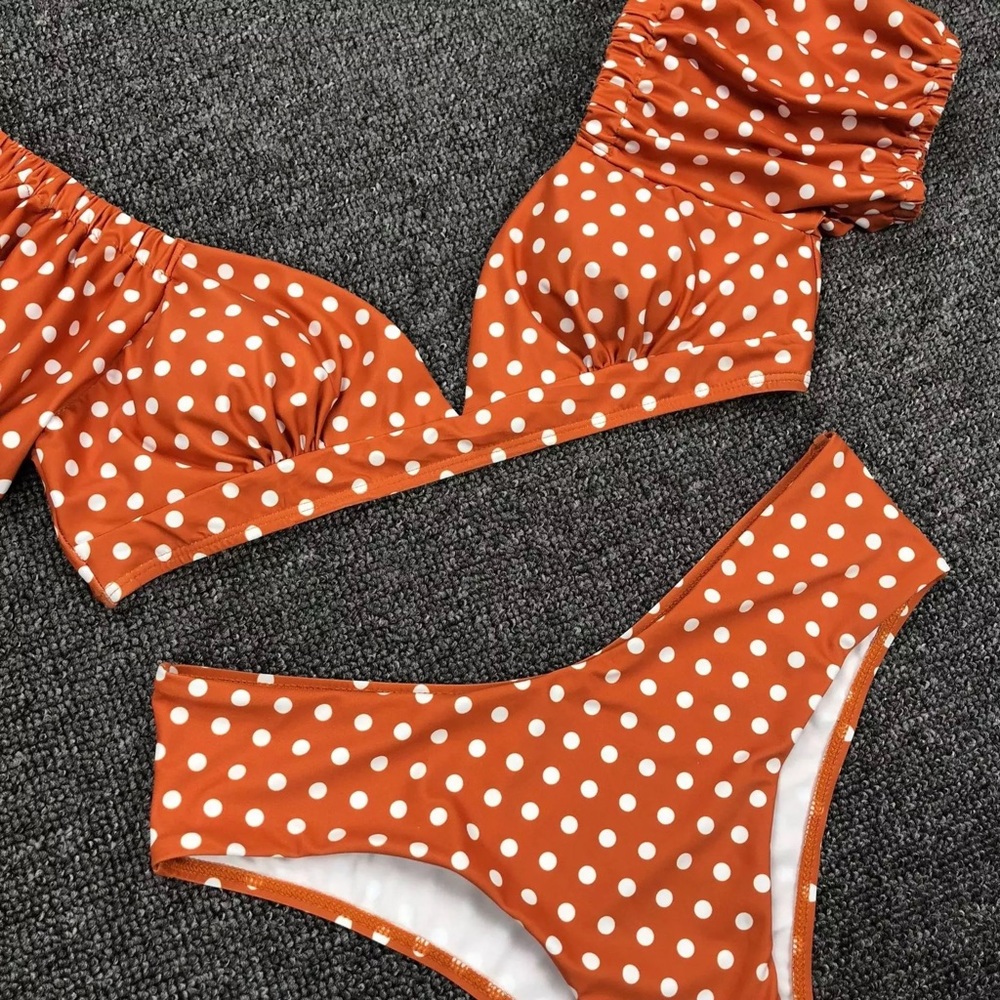 🌠1left! Orange polka dot bikini puff sleeve swim - Picture 3 of 12